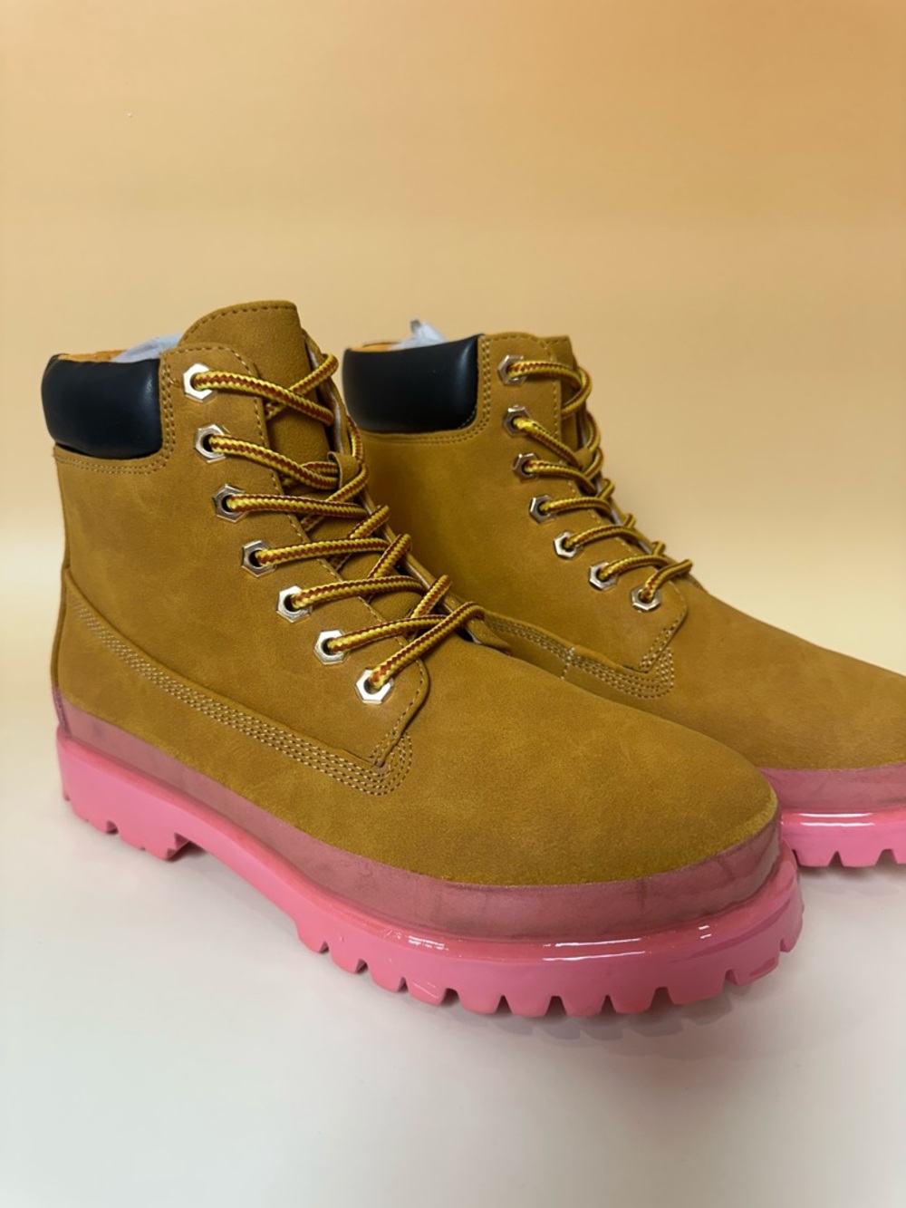 Cape Robbin Mustard Lace-Up Boots with Pink Platform Sole